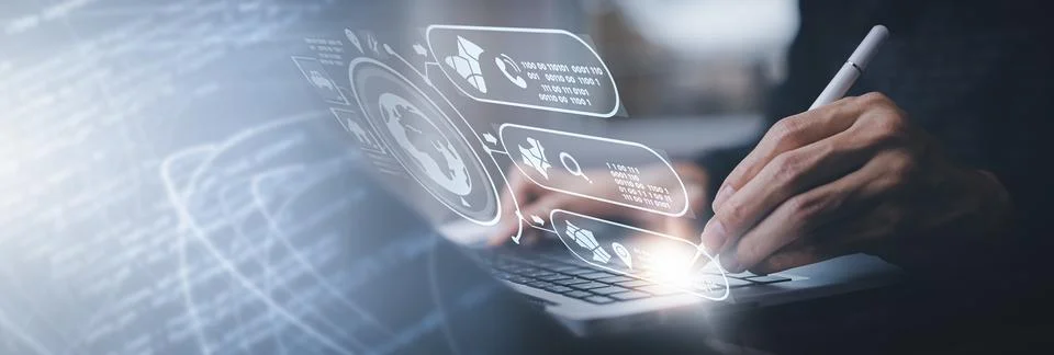 Concept Technology with Laptop. Hand using laptop with forex graph hologram,  Stock-Fotos