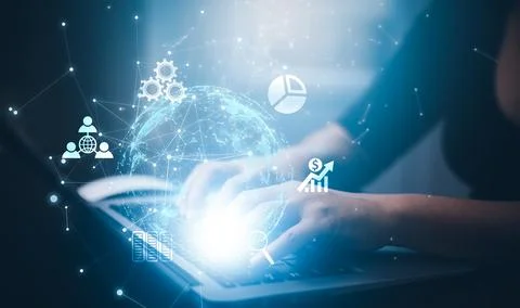 Concept Technology with Laptop. Hand using laptop with forex graph hologram,  库存照片