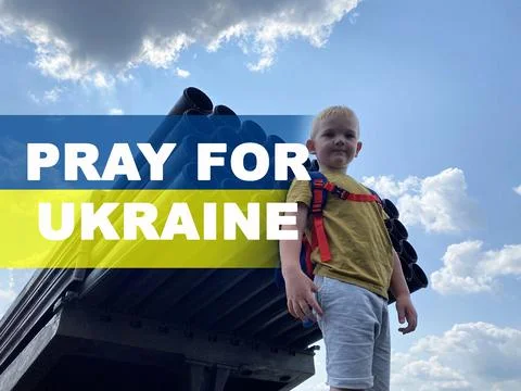 Concept with text child stands in front of a rocket launcher, Ukraine Stock Photos