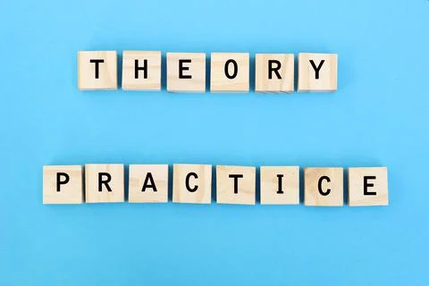 Concept of theory and practice relationship or connection. Wooden blocks with Stock Photos