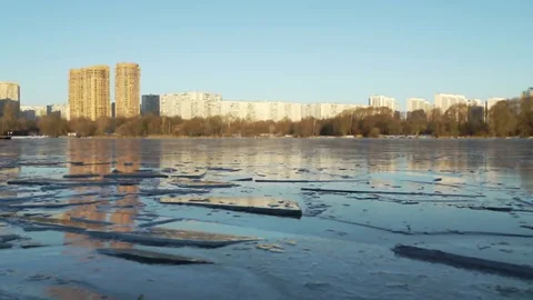 Concept of Thin Ice. Young Clean Ice Like Broken Glass on River. Panorama Stock Footage 70462270