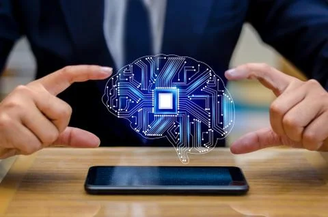 Concept of thinking.background with brain CPU Mind series technology symbols Stock Photos