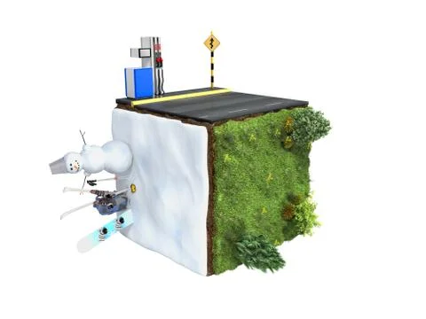 Concept of three types of roads asphalt snow and off-road 3d render on white Stock Illustration