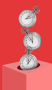 Concept of time. Vintage timer falling into cube on red background Stock Photos