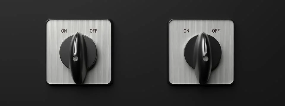 On off concept. Toggle switch retro old round isolated against black backgrou 库存插图