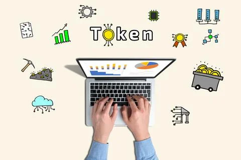 Concept token or commitment of a cryptocurrency project with abstract icons. Stockfoto's