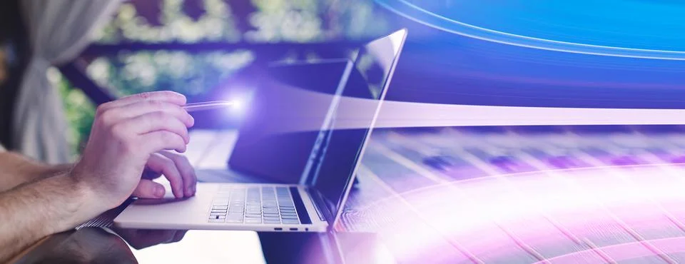 The concept of transferring data with one click to the Internet and cloud s.. Stock Photos