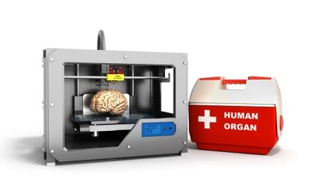 Concept of transplantation process of creating human brain using 3D printer i Stock Illustration