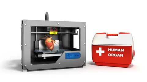 Concept of transplantation process of creating human hearts using 3D printer  イラスト素材