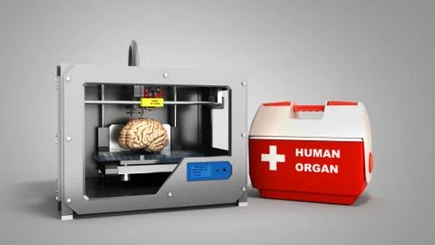 Concept of transplantation process of creating human brain using 3D printer i Stock Illustration