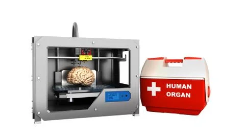 Concept of transplantation process of creating human brain using 3D printer i Stock Illustration