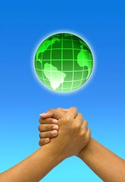 Concept two coupled hands with globe. Stock Photos