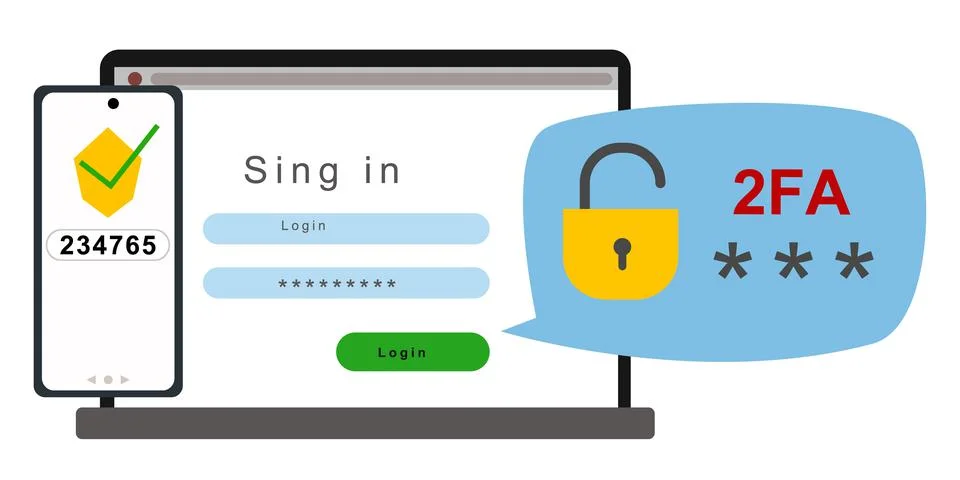 The concept of two-factor authentication security. Notification of login Illustration
