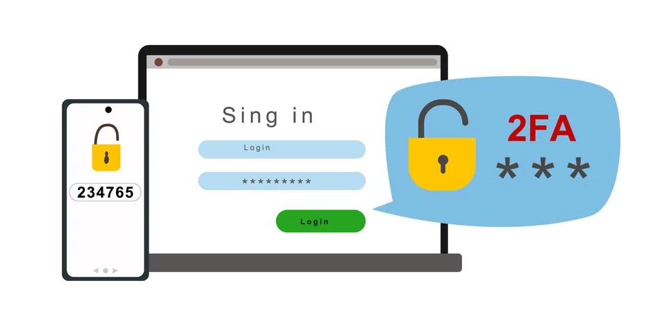 The concept of two-factor authentication security. Notification of login Stock Illustration