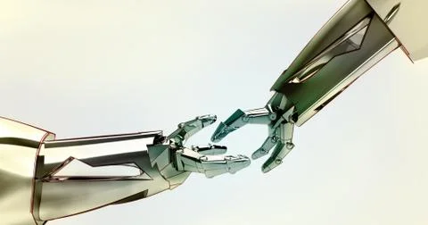 Concept of two shaking robotic metallic hands to have contract about progress Stock Illustration