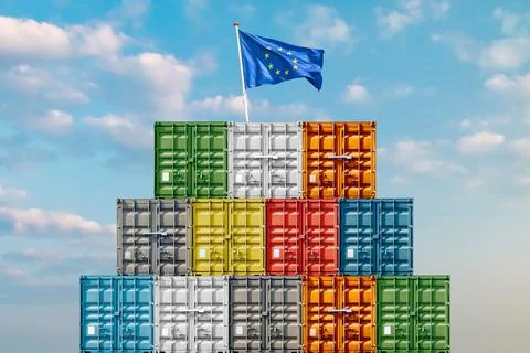 Concept of the US tariff trade war with the European flag on top of colorfu.. Stock Photos