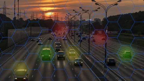 Concept of using artificial intelligence on a highway, identifying traffic Stock Photos