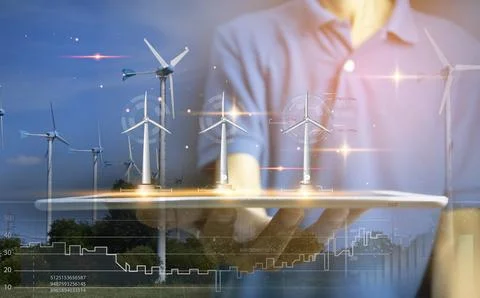 Concept of using clean energy such as wind power and control of usage Stock Photos