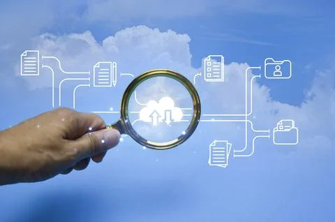 The concept of using the cloud to store and share data in the system Stock Photos