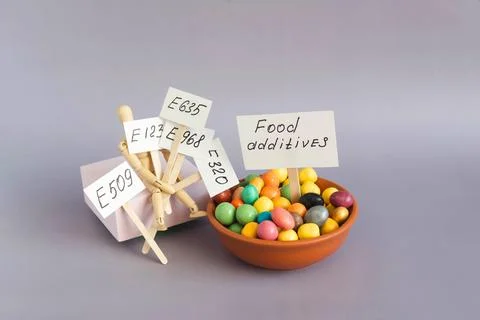 The concept of using food additives and information signs in close-up Stock Photos