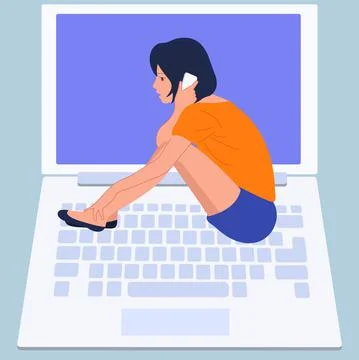 The concept of using a laptop. People communicate via video link or watch mov Stock Illustration