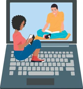 The concept of using a laptop. People communicate via video link or watch mov Illustrazione stock