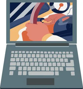 The concept of using a laptop. People communicate via video link or watch mov 스톡 일러스트
