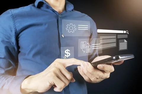 The concept of using mobile phones and technology, using mobile phones to c.. Stock Photos
