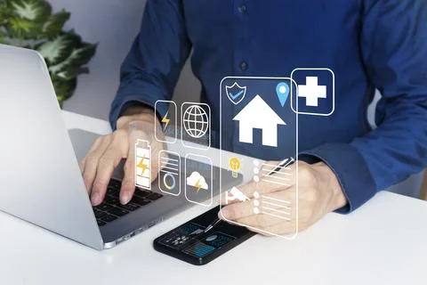 The concept of using mobile phones to control the smart home system in a co.. Stock Photos