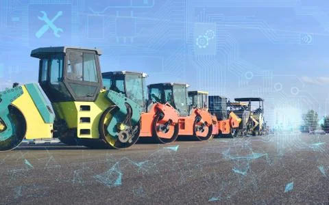 The concept of using modern technologies in road construction, Automated cont Stock Photos