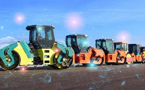 The concept of using modern technologies in road construction, Automated cont Stock Photos