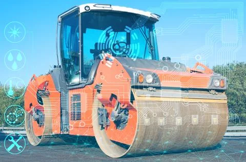 The concept of using modern technologies in road construction, Automated cont Stock Photos