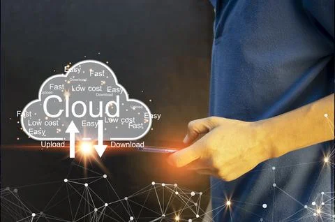 Concept of using online cloud system, fast, easy, download, upload. Foto stock