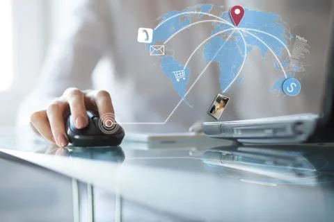 Concept of using wireless technology, online buying, receive and download pho Stock Illustration