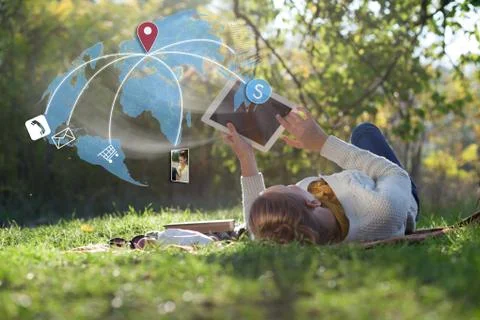 Concept of using wireless technology, online buying, receive and download pho Stock Illustration