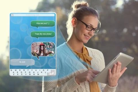 Concept of using wireless technology, video call, typing message on ipad. inc Stock Illustration