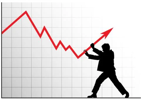 Concept vector anti-crisis image. Man pushing the graph up. Stock Illustration