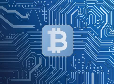 Concept vector of the blue cryptocurrency Bitcoin	 Stock Illustration
