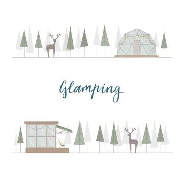 Concept vector forest with wild deer, glamping house. Wood, glass cottage Stock Illustration