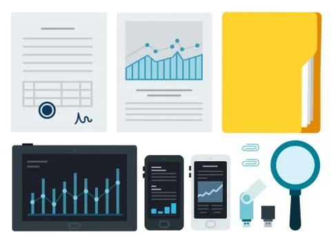 Concept vector icons business documents and modern technology in flat style. Stock Illustration