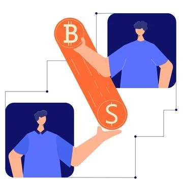 Concept vector illustration for cryptocurrency exchange. Two men give each other Stock Illustration