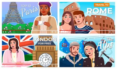 Concept of vector video player interface. Set of video interview about travel to Illustrazione stock