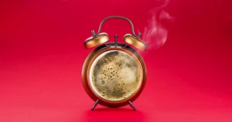 Concept video - there is freshly brewed coffee in the dial of the alarm clock. Stock Footage 149732586
