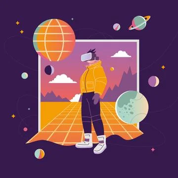 Concept of virtual reality tech, metaverse, cartoon style. Boy in VR glasse.. Stock Illustration