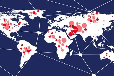 The concept of a virus outbreak on the world map spread around the world. Stock Illustration