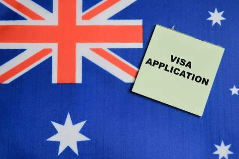 Concept of visa application write on sticky notes with Australia flag. Stock Photos