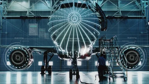 Concept of: Visual Representation Of Futuristic Airplane Maintenance Process. Stock Footage 97572469