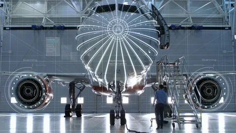 Concept of: Visual Representation Of Futuristic Airplane Maintenance Process. Stock Footage 97572574