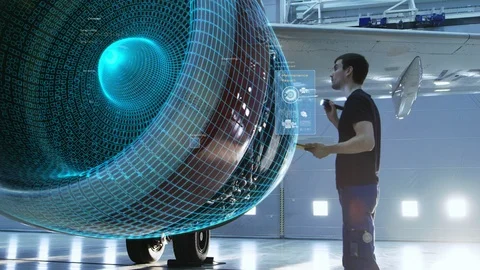 Concept of: Visualization Of Futuristic Airplane Engine Maintenance Stock Footage 97572896