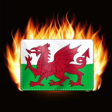 Concept Wales flag on fire background. Country emblem. Illustration Stock Illustration